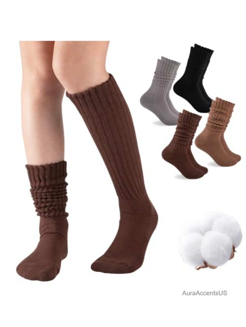 Women's Slouch Socks Knee High Cotton Scrunch Cushion 4 Pairs